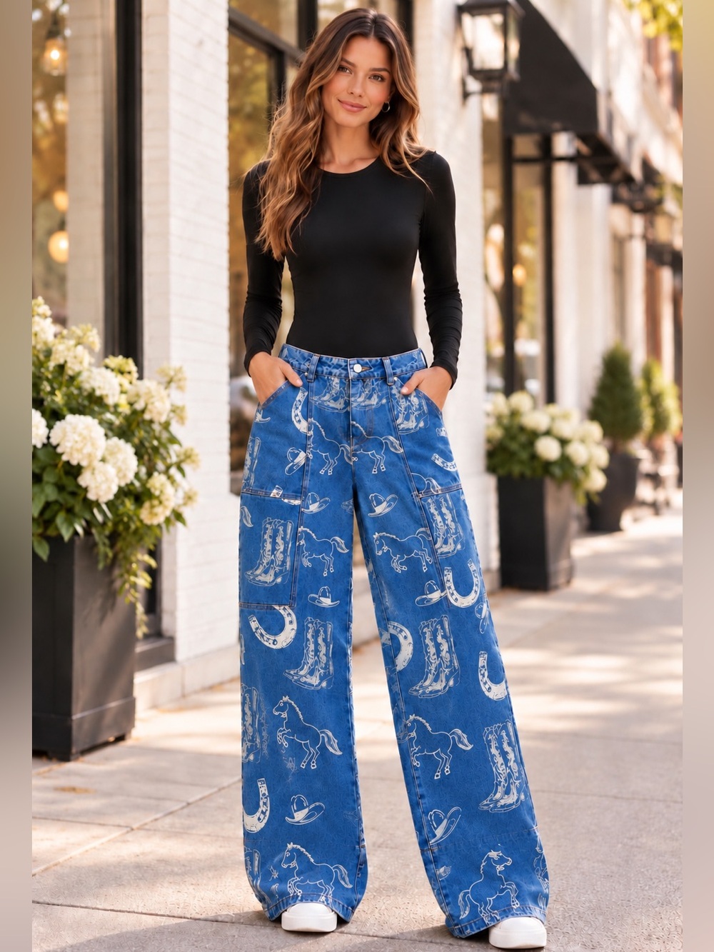 NEW blue b Medium Wash Western Rodeo Horse Cactus Hat Wide Leg Jeans